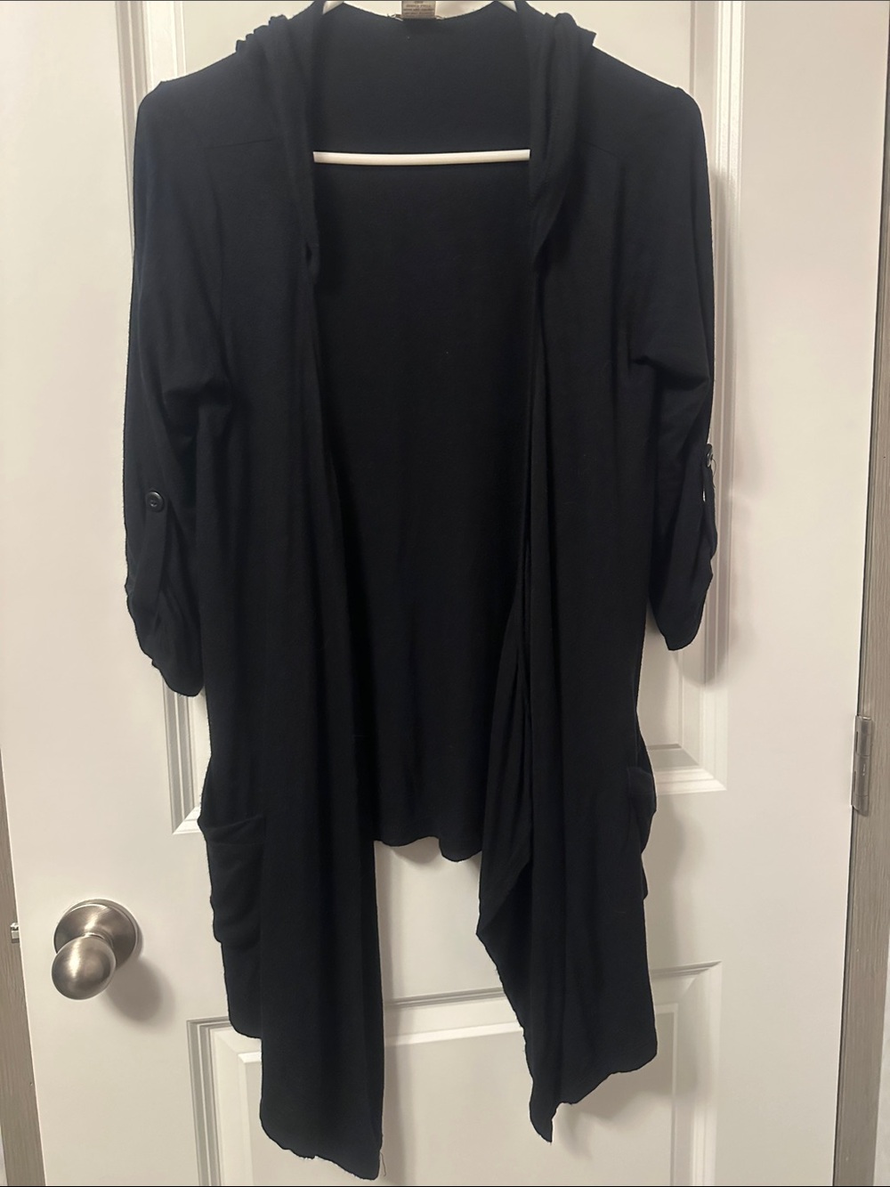 eyelash couture Black Draped Open-Front Hooded Cardigan